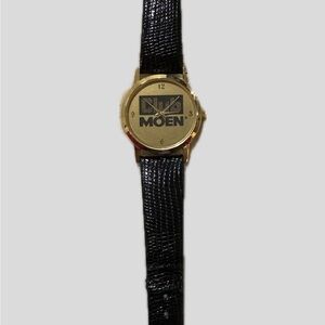 Moen Gold Dial Watch with Black leather Strap